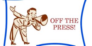 Man with a megaphone yelling "Off the Press" to announce the new publication.