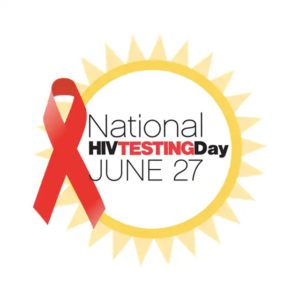 Graphic of the red HIV/AIDS ribbon next to a sun. The words National HIV Testing Day June 27 appear in the middle of the sun