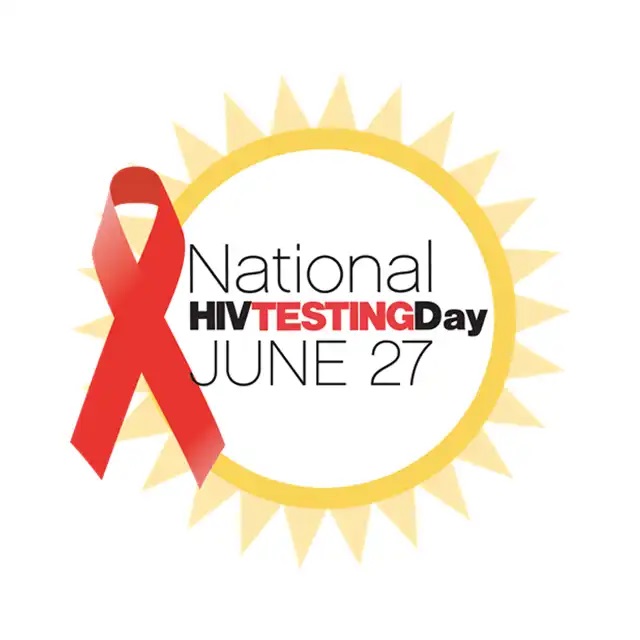 Graphic of the red HIV/AIDS ribbon next to a sun. The words National HIV Testing Day June 27 appear in the middle of the sun