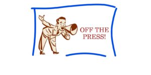 Man with a megaphone yelling "Off the Press" to announce the new publication in Viruses