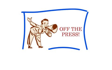 Man with a megaphone yelling "Off the Press" to announce the new publication in Viruses